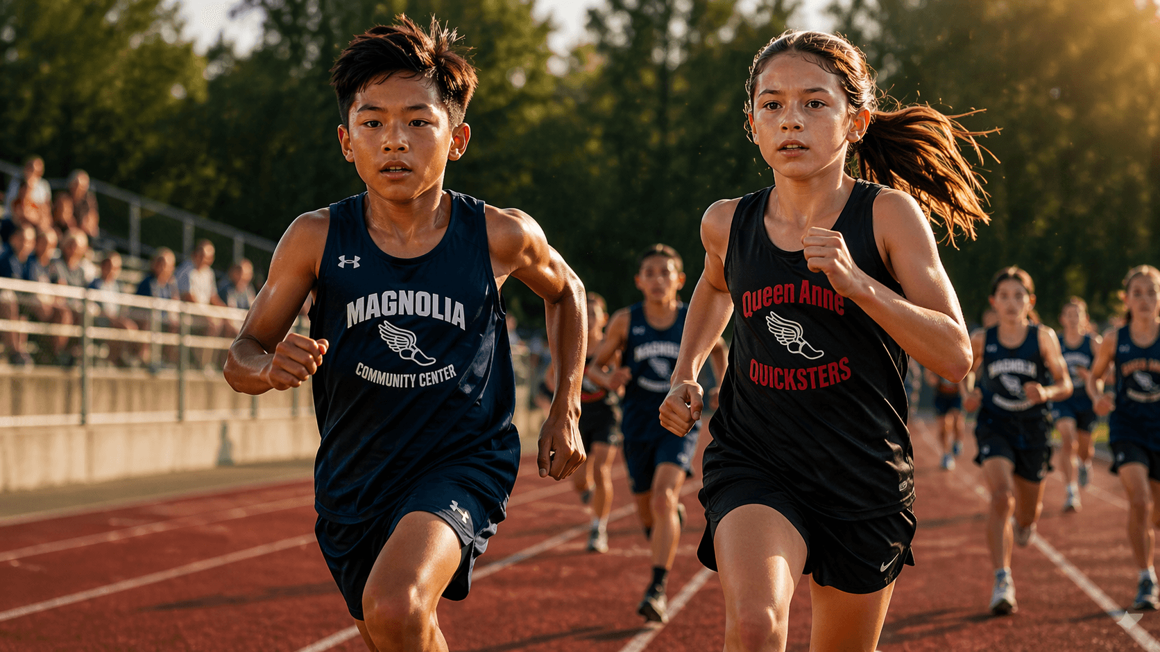 Magnolia and Queen Anne athletes at a meet, in Magnolia navy and Queen Anne red jerseys